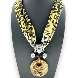 Erica Lyons Scarf Necklace w/ Glass Pendant Animal Print Necklace Silverton